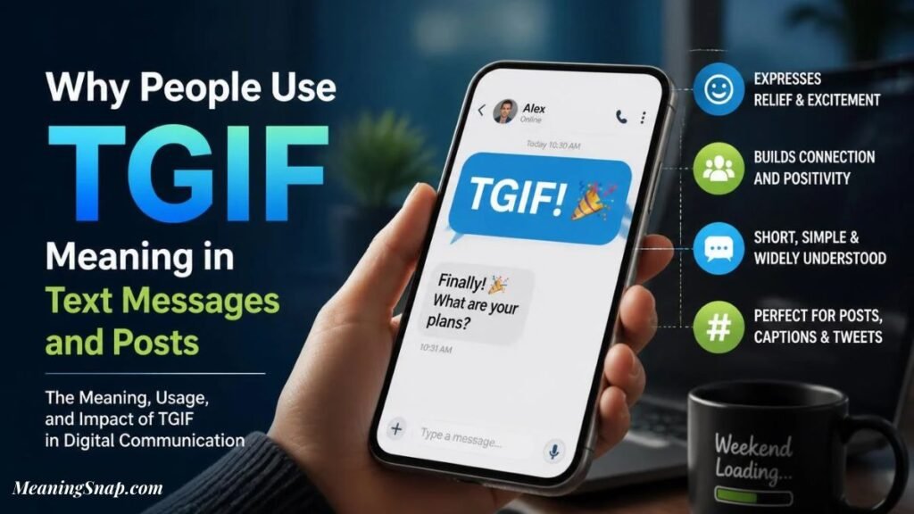 Hand holding smartphone displaying TGIF chat message explaining why people use TGIF in text messages and posts.