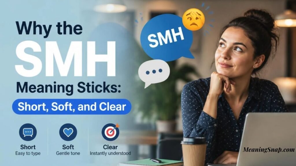 Thoughtful woman at laptop beside SMH speech bubble explaining why SMH remains popular in digital text communication.