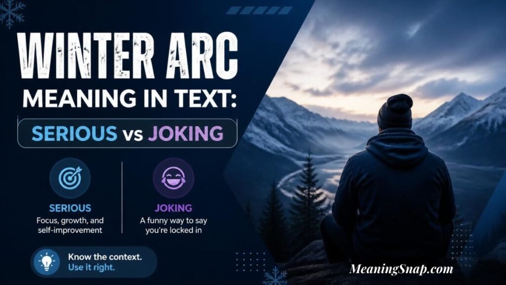 Man sitting outdoors overlooking snowy mountain ranges with headline text comparing serious vs joking meaning of Winter Arc in text.   