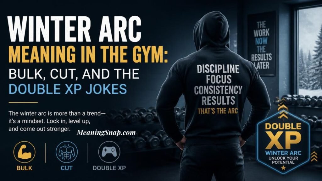 Athletic person in a black hoodie inside a gym with headline text explaining Winter Arc meaning in the gym covering bulk, cut, and Double XP jokes.   