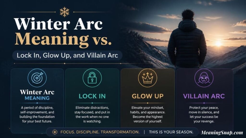 Man looking at sunset mountains with headline text comparing Winter Arc meaning vs Lock In, Glow Up, and Villain Arc.   