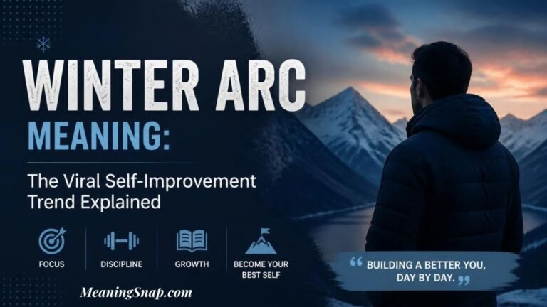 Man looking at snowy mountains with headline text explaining the Winter Arc viral self-improvement trend meaning.