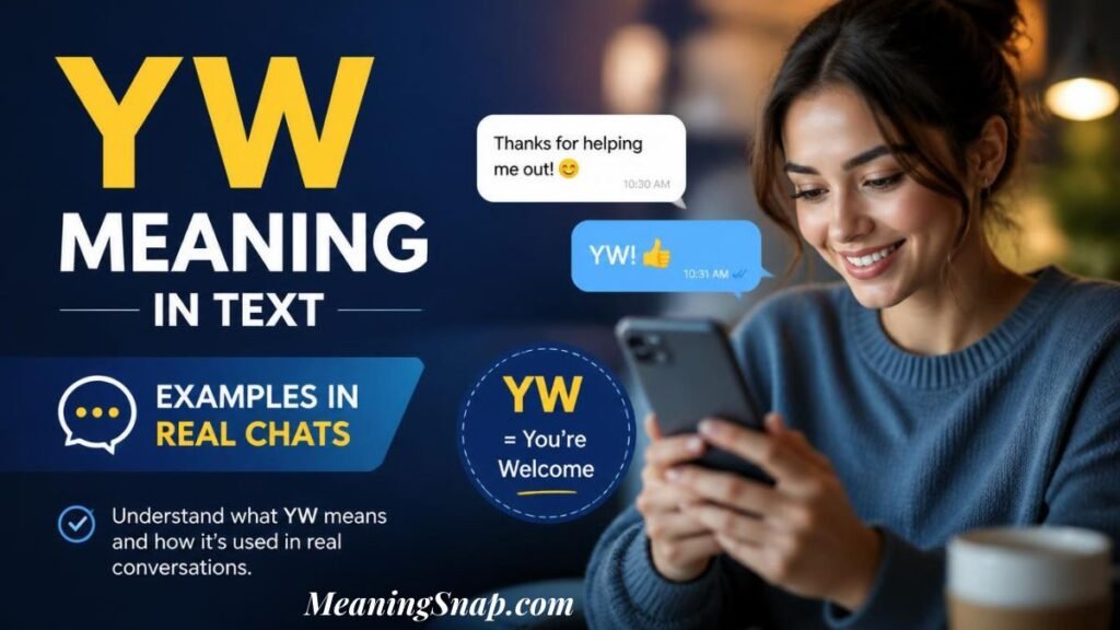 Smiling woman in a blue sweater holding a smartphone with chat bubbles displaying YW meaning in text examples in real chats.